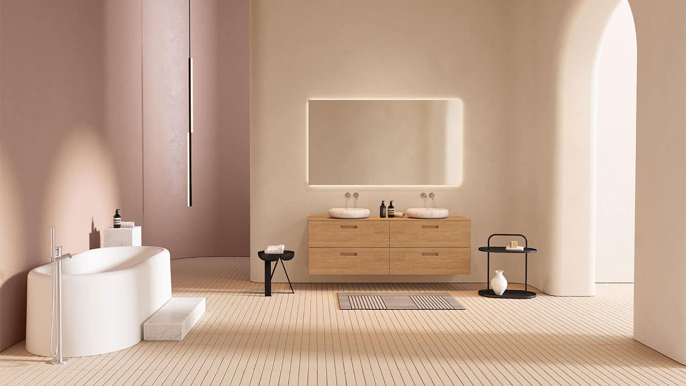 Casa de banho com banheira freestanding e degrau, móvel de parede com 4 gavetas, lavatório duplo, marca Inbani, coleção Ease