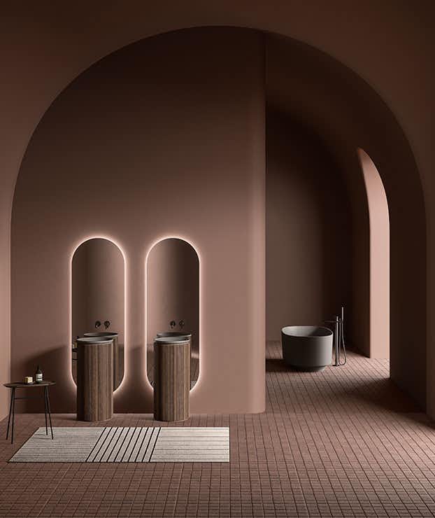 Composição de duas colunas freestanding em carvalho com lavatórios Arc. Dois espelhos Strato Oval com iluminação LED. Inbani, Grate