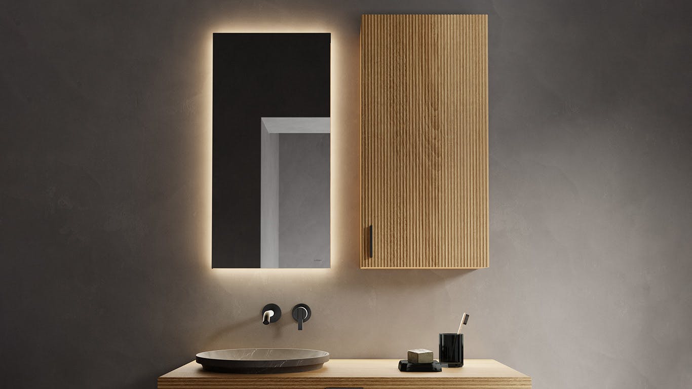 Combinação de armário com porta, montado na parede, com espelho retangular e iluminação LED. Inbani, Grate