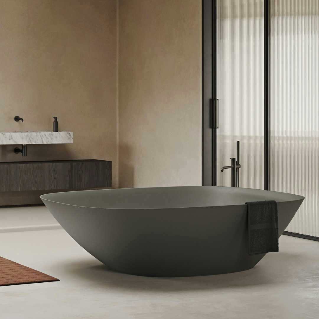 Casa de banho com banheira Forma XL autónoma em Olive. Inbani, Forma.